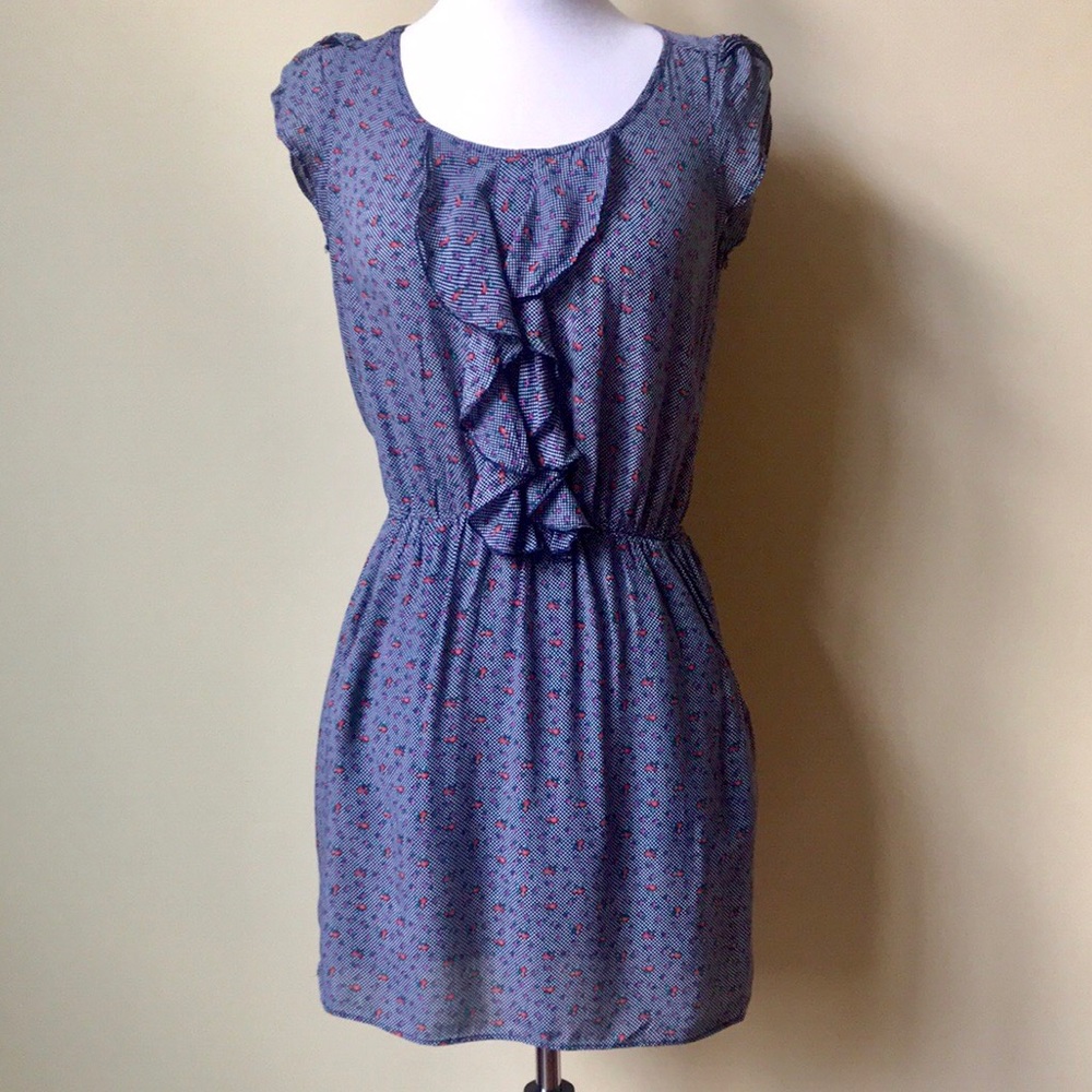 Myan Blue Patterned Ruffle Front Mini Dress